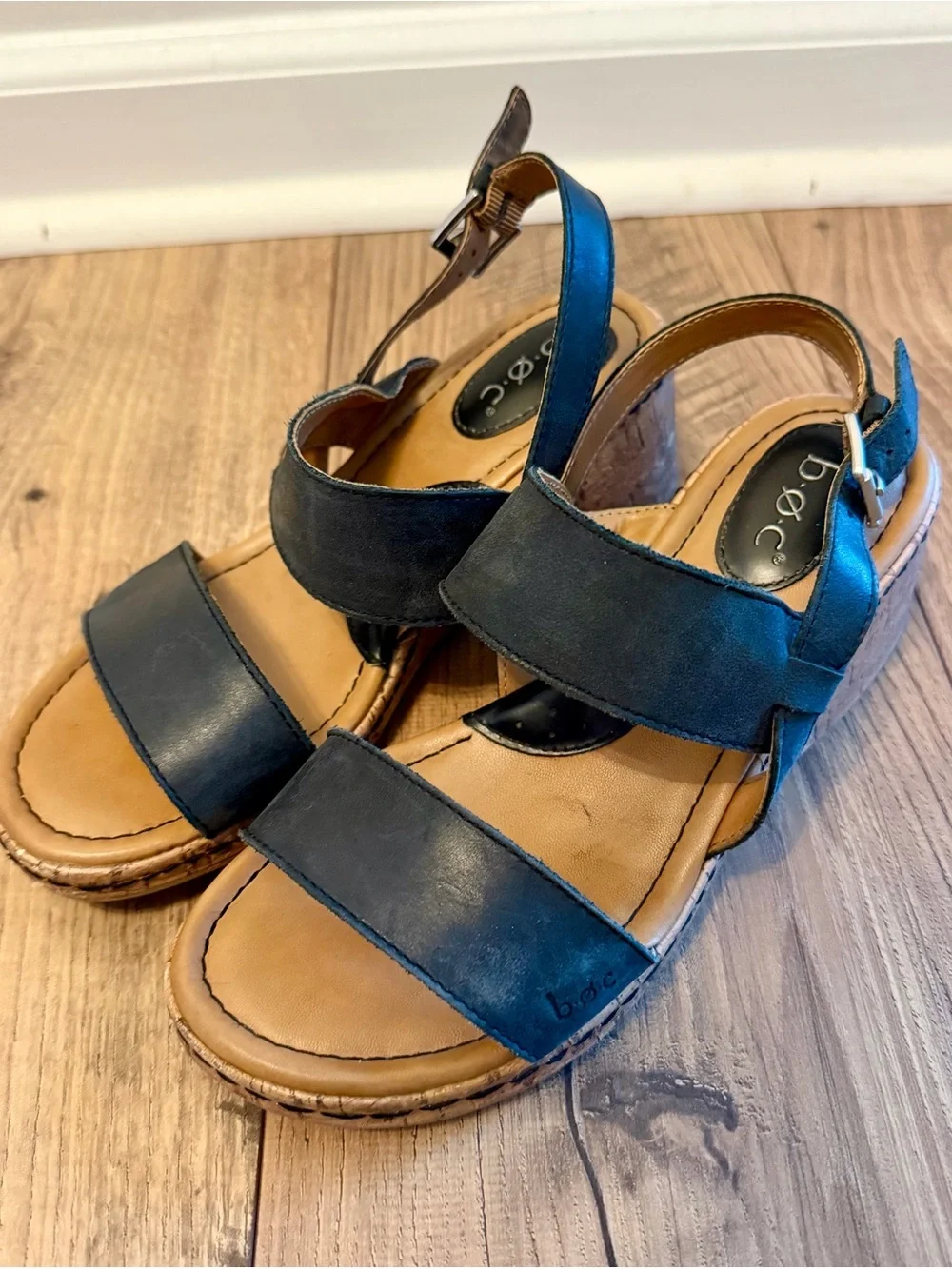 b.o.c. Born Concept Black Leather Cork Wedge Slingback Sandals Size 7M